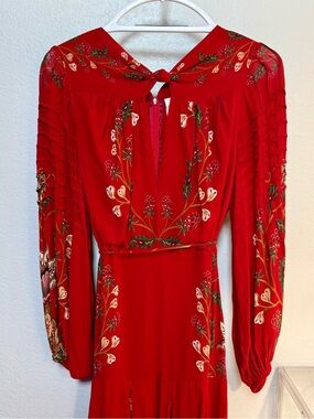 FARM Rio Red Berry Garden Long Sleeve Pleated Maxi Dress